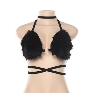 Sexy black furry faux fur crop top bikini top